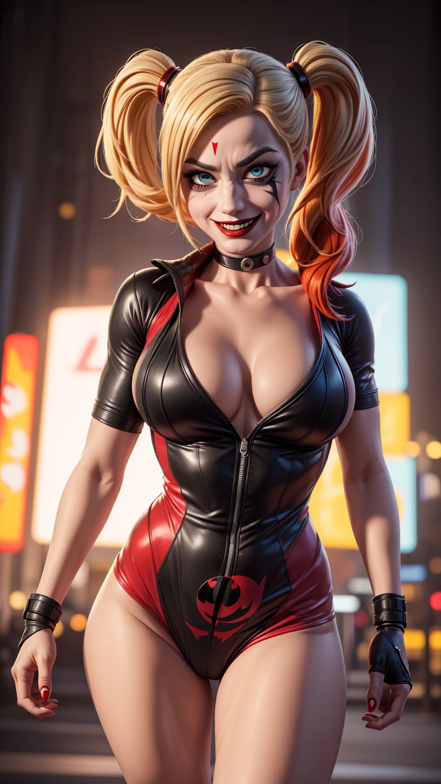 newyork, time Square, Harley Quinn, also known as Harley Quinn, is an iconic DC Comikes character. She is a former psychiatrist named Harleen Quinzel, who became a criminal in love with the Joker. With his eccentric gaze, that mixes vibrant colors and a manic smile, Harley Quinn is known for her chaotic humor and unpredictable personality. She's an anti-hero, often fighting alongside villains, but also occasionally redeeming himself and collaborating with heroes. His tumultuous relationship with the Joker is a fundamental part of his story, while her intelligence and combat skills make her a fascinating and complex character in the DC universe, (slenderbody:1.5), (Minimal clothing:1.5), (breasts big: 1.5), (hanging breasts: 1.5), (disproportionate breasts: 1.4), (真实感:1.4), (realisitic:1.4), (absurdrez:1.4), 8k, ultra details, detailed gorgeous face,(just:1.4) , 1 girl, (frontal viewer:1.2), Intricate Body Details, (curved:1.3),( mike:1.3)
