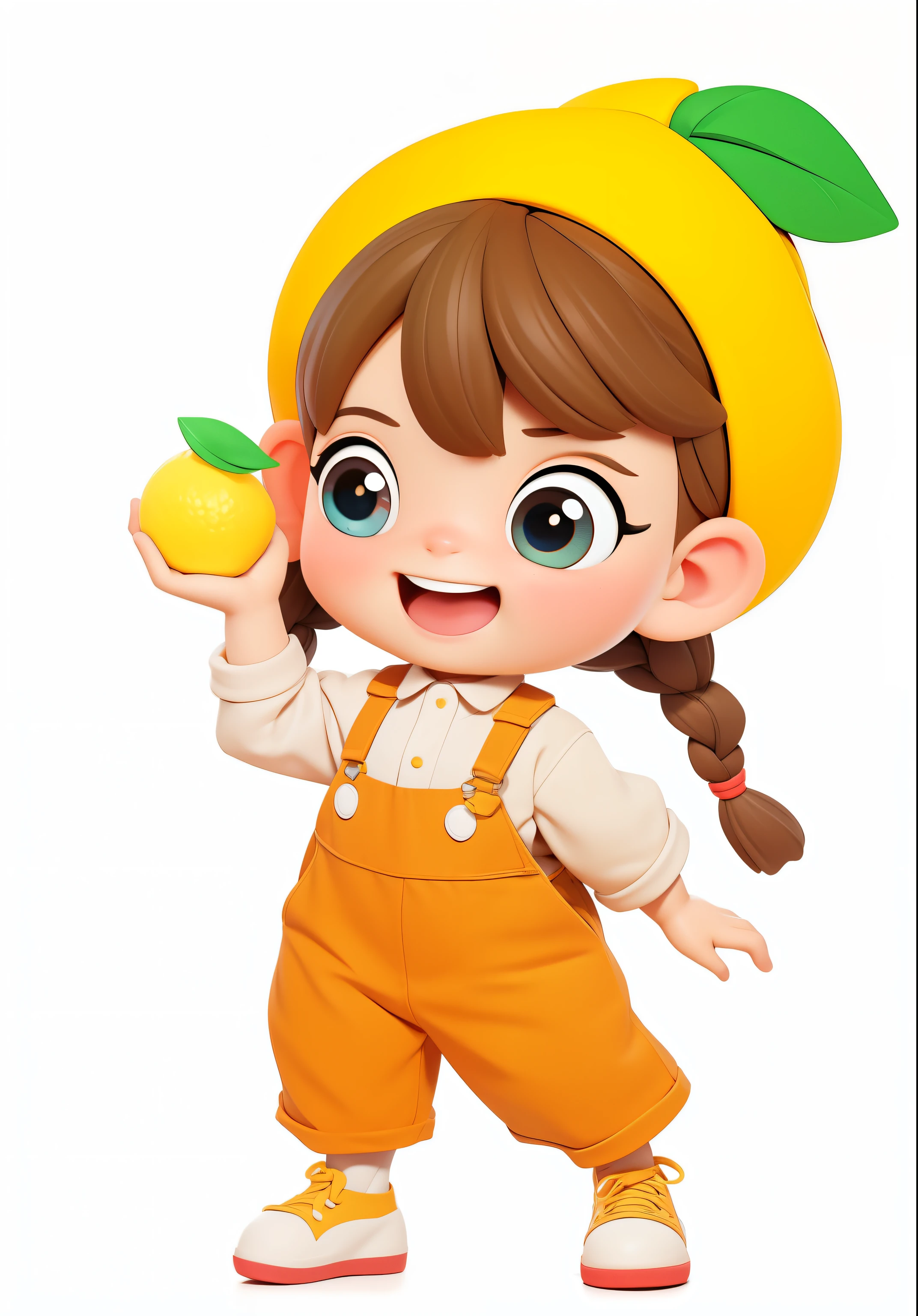 whole body、《q version girl》、Embodying the image of lemon yellow in clothing.、lemon hat、Accessories、Green leaves、super happy、smile with your teeth、Happy and cute girl、nice shoes、Holding a lemon in your hand、(Dwarf:1.2)、Brown eyes、long eyelashes、large eyes、delicate and bright eyes、braid、big ear、Delete finger details、The fingers are clearly defined、Super detailed hand、mono、blind box toys、pixar style、give him a smile、Put a sweet smile on his face.、3D rendering、