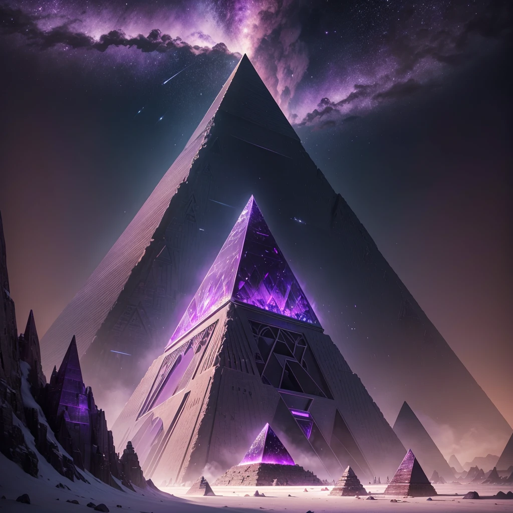 A majestic pyramid made entirely of shimmering purple crystal mineral. The pyramid's facets reflect light in various shades of purple, creating a dazzling and ethereal effect. The crystal structure is intricate and detailed, with sharp edges and a smooth, reflective surface. The background is a dramatic and mysterious landscape, enhancing the otherworldly appearance of the pyramid. The overall scene conveys a sense of grandeur and mystique, with the pyramid standing out as a breathtaking focal point.