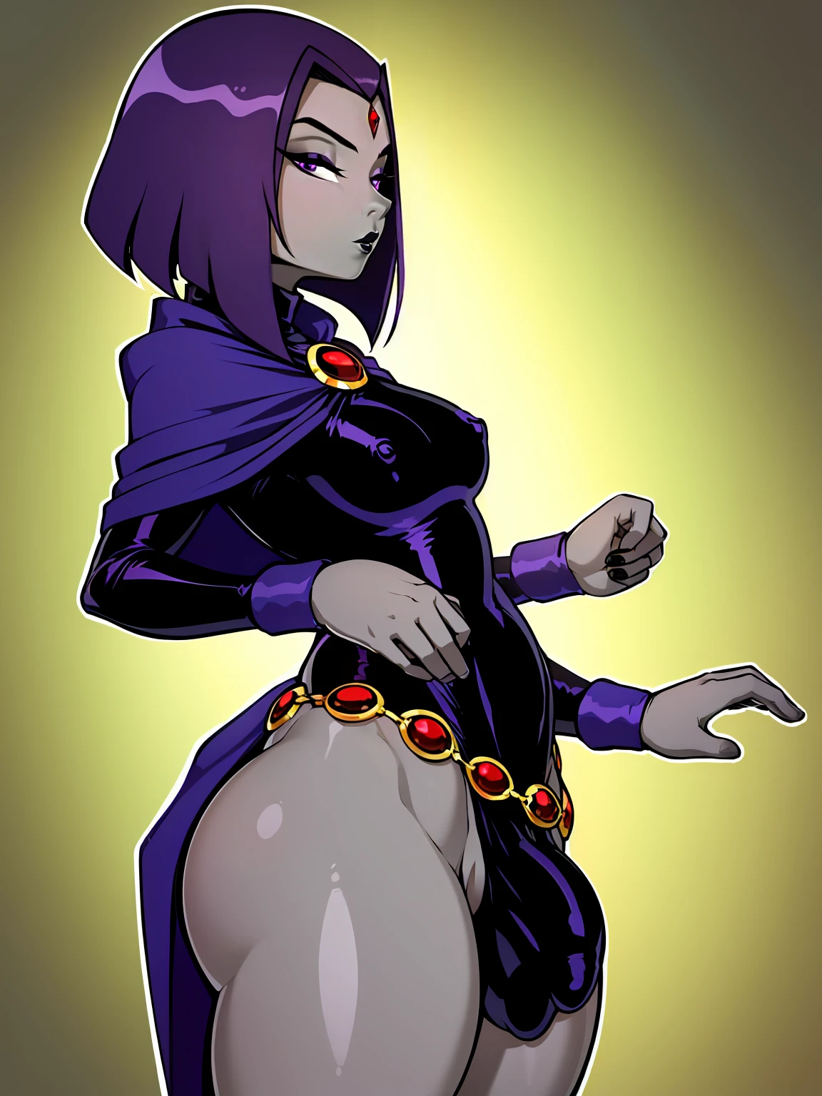 (solo:1.1),(masterpiece), (best quality:1.3), ultra detailed, intricate, (nice hands:1.6), professional art, digital art, absurdres, shadraven, (Full body view:1.1), 1girl, solo, (grey skin:1.4), dark purple hair, bob hair, dark purple eyes, hips wider than shoulders, pear shaped body, jewellery, detailed thighs, thick thighs, red jewel in forehead, jewels, (long sleeved turtleneck leotard:1.3), cuffs, small breasts, nipple bulge, (shadraven long cloak), (Shadraven broach:1.2), Shadraven jewel belt, Shadraven wearing a long sleeved leotard, long legs, ( long crotch bulge:1.4), large penis, large testicles, side view, looking at viewer, bubble butt , gluteal crease, universal lighting,,