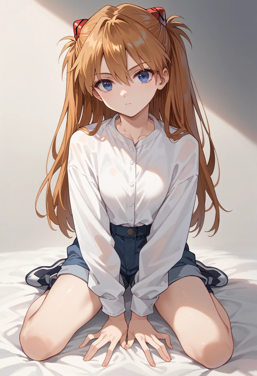 1girl, souryuu asuka langley, neon genesis evangelion,long hair,master piece,ultra high res,spuating,spread knee,looking viewer,black skirt,from front