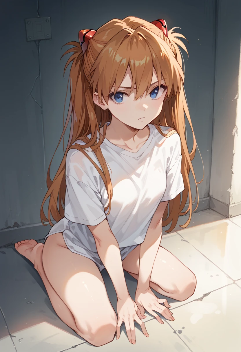 1girl, souryuu asuka langley, neon genesis evangelion,master piece,ultra high res,kneeling sway back,looking viewer,white shirt,