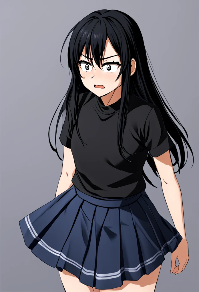fmeboy, embarrased, buldhe straining against skirt, black long hair.