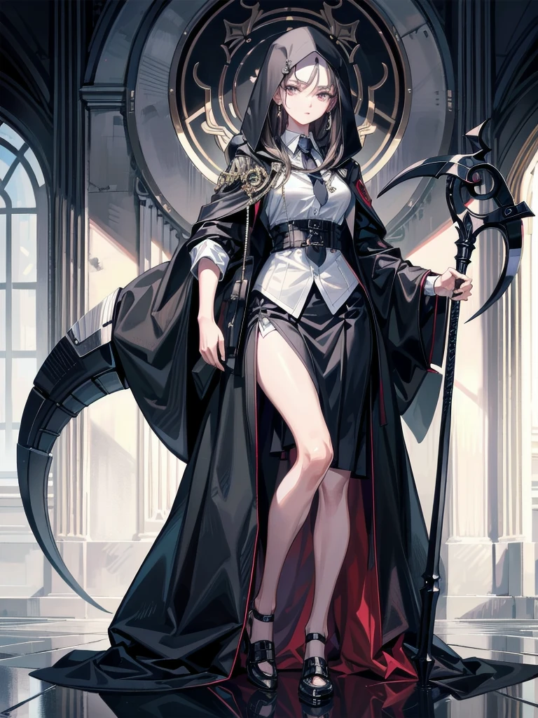 A girl with black hair and red eyes,Wearing a black cloak and heavy black robes,Heavy fog surrounds,She holds a dagger in her hand,Looking at you upright(Full body portrait)
