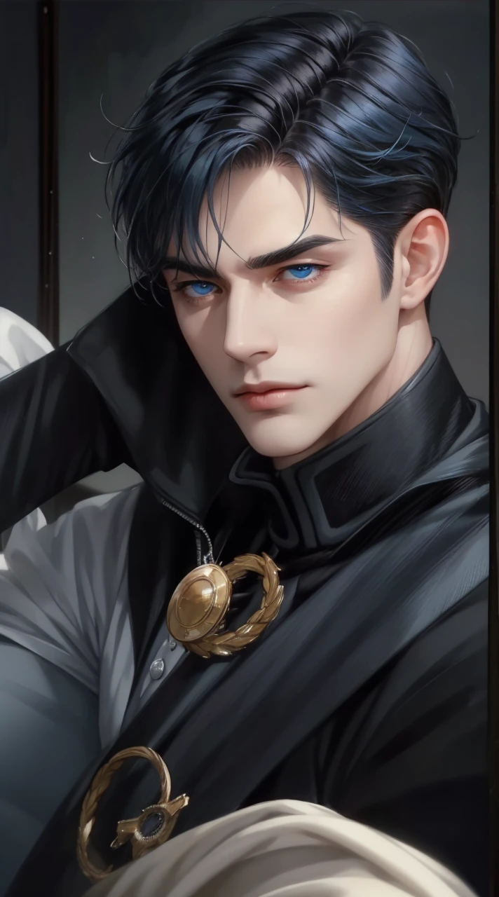 masterpiece, best quality, realistic, 1man, male focus, mature, tall muscular, handsome, [thick eyebrows], portrait, extremely detailed face, short black Quiff hair with Soft Fringe (bangs part on side 3:7 ratio), (blue eyes), no smile