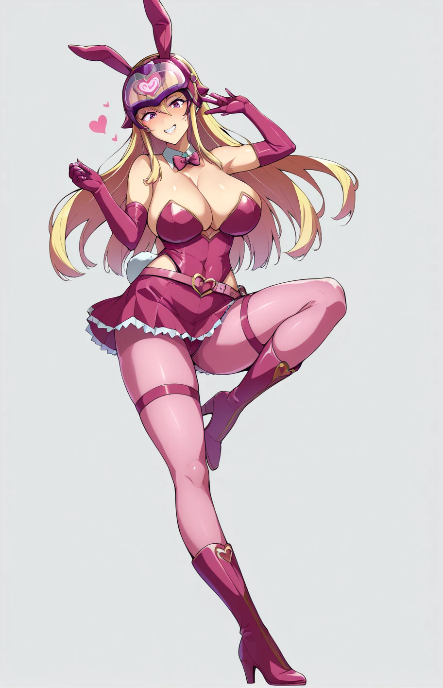 Ultra-detailed illustrations、Ultra-precise expression、masterpiece、Highest quality、ultra High resolution、High resolution、Hiromitsu Takeda Style、White background、Simple Background、Full Body Tights、Hide the whole face、Pink full face helmet、Bunny ears、Pink Rider Suit、Pink Tight Skirt、Big Breasts、Pink long gloves、Pink Long Boots、Pink heart belt、Raise one leg、