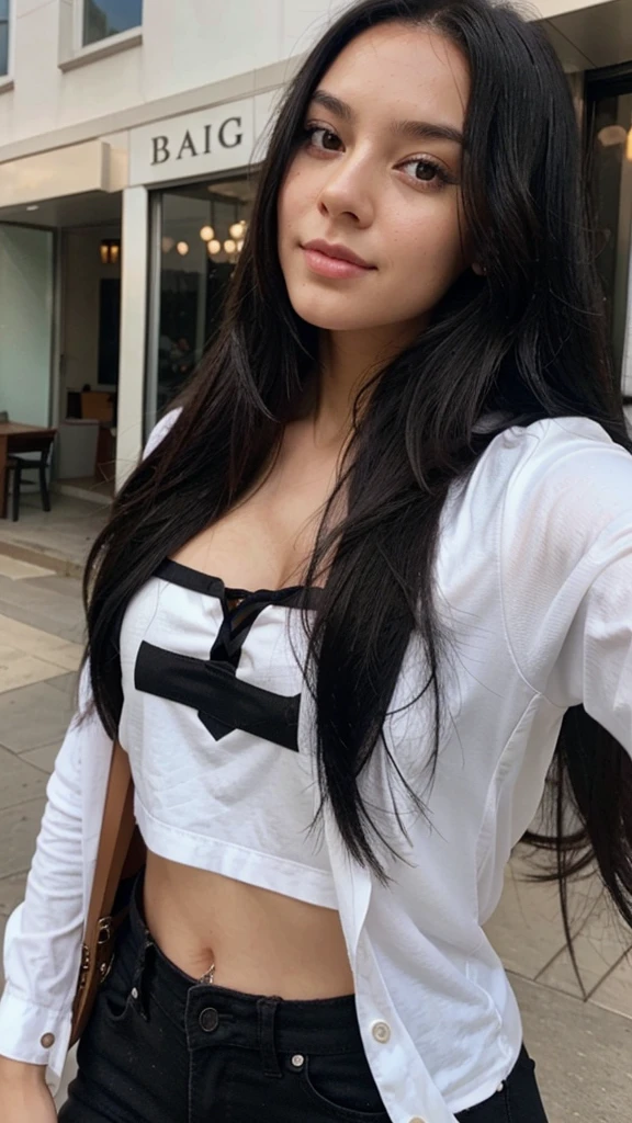 A selfie of a girl with long black hair