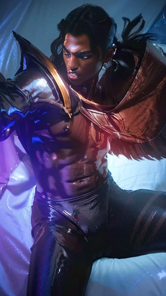 high quality, detailed, photo Realistic,( tanned japanese school boys), (detailed black eyes), (black short hair),(abs),(tanned dark brown shiny skin:1.4), flat chest, black tiny thong,(detailed nipples), palace bedroom, (best quality,4k,8k,highres,masterpiece:1.2), (face close up:0.8),(realistic,photorealistic,photo-realistic:1.37),