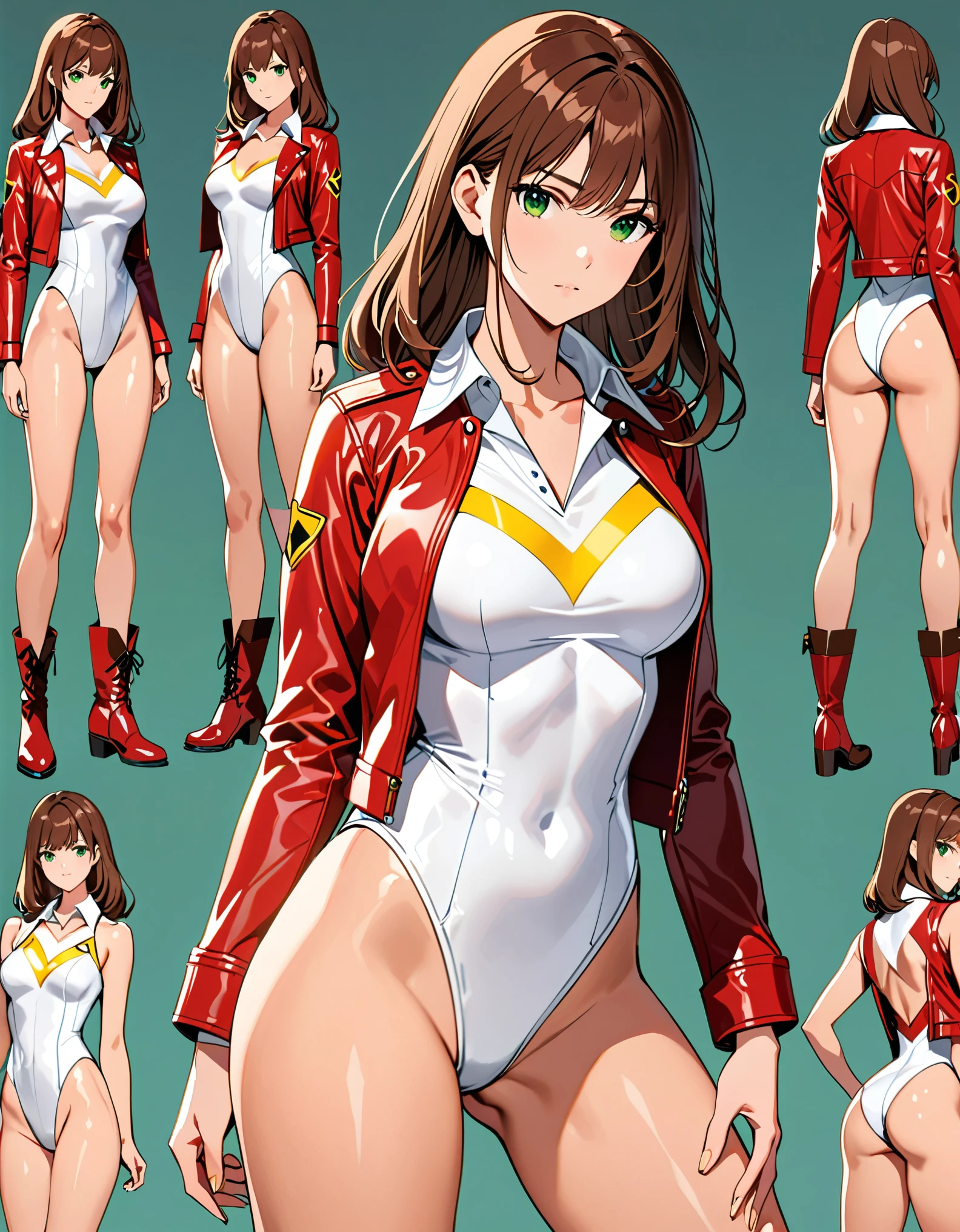 (masterpiece), (best quality), (high res), 1lady, tall body, beautiful detailed eyes, beautiful detailed face, serious, perfect hands, complete fingers, perfect anatomy, perfect proportions, ((brown hair, medium hair, hair down)), ((green eyes)), ((leotard, white leotard, matching leotard)), ((white dress collar, open collar)), ((bare legs)), ((boots, matching boots, ankle-high boots, red boots)), breasts, medium breasts, looking at viewer, (solo, solo focus), standing,, ((yellow V (symbol) on chest)), ((red leather jacket, open jacket)), full body costume design. Simple background, Multiple Views, Character Sheet Full-Length.