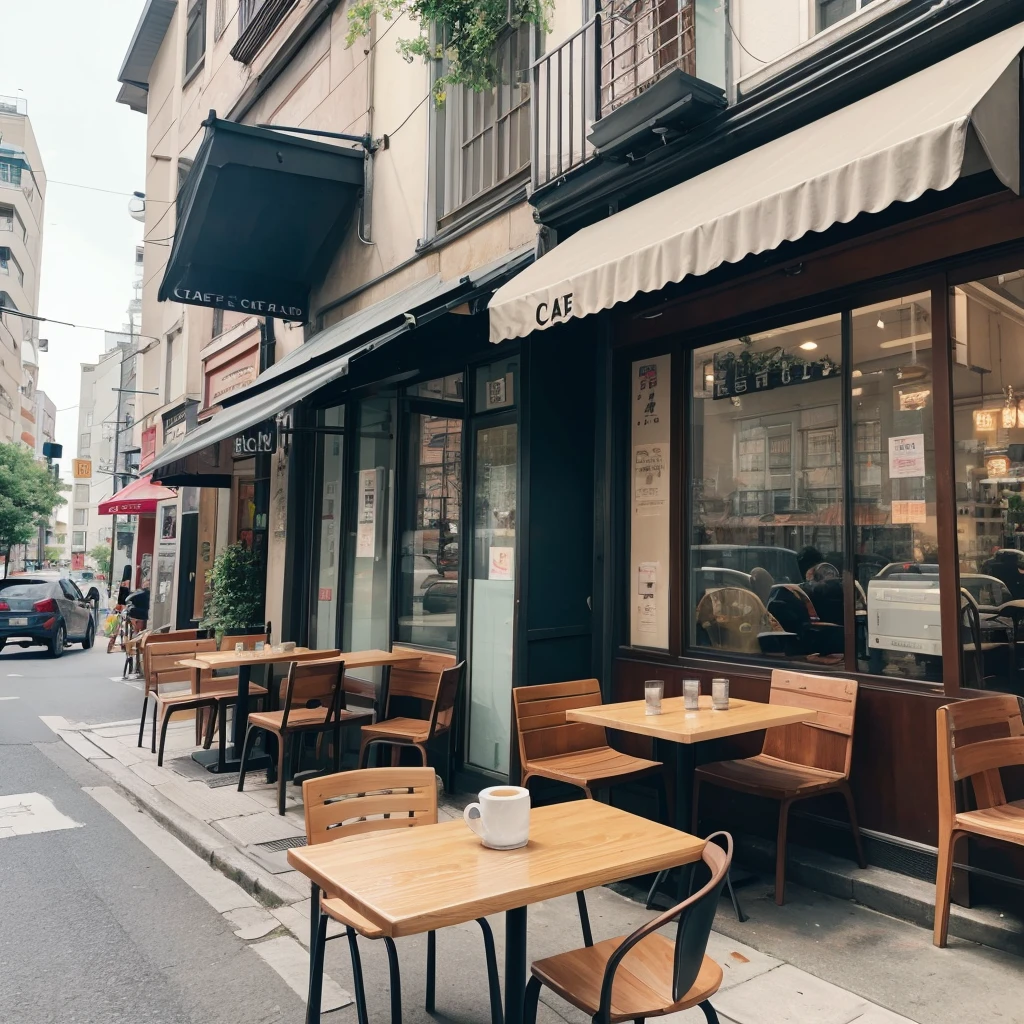 Cafe on a street corner during the day、Coffee cup on the table