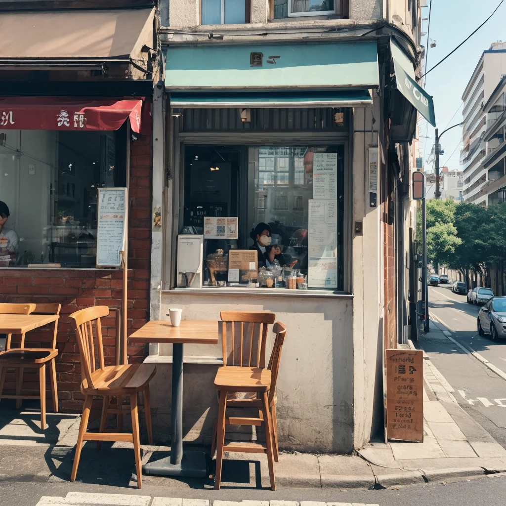 Cafe on a street corner during the day、Coffee cup on the table