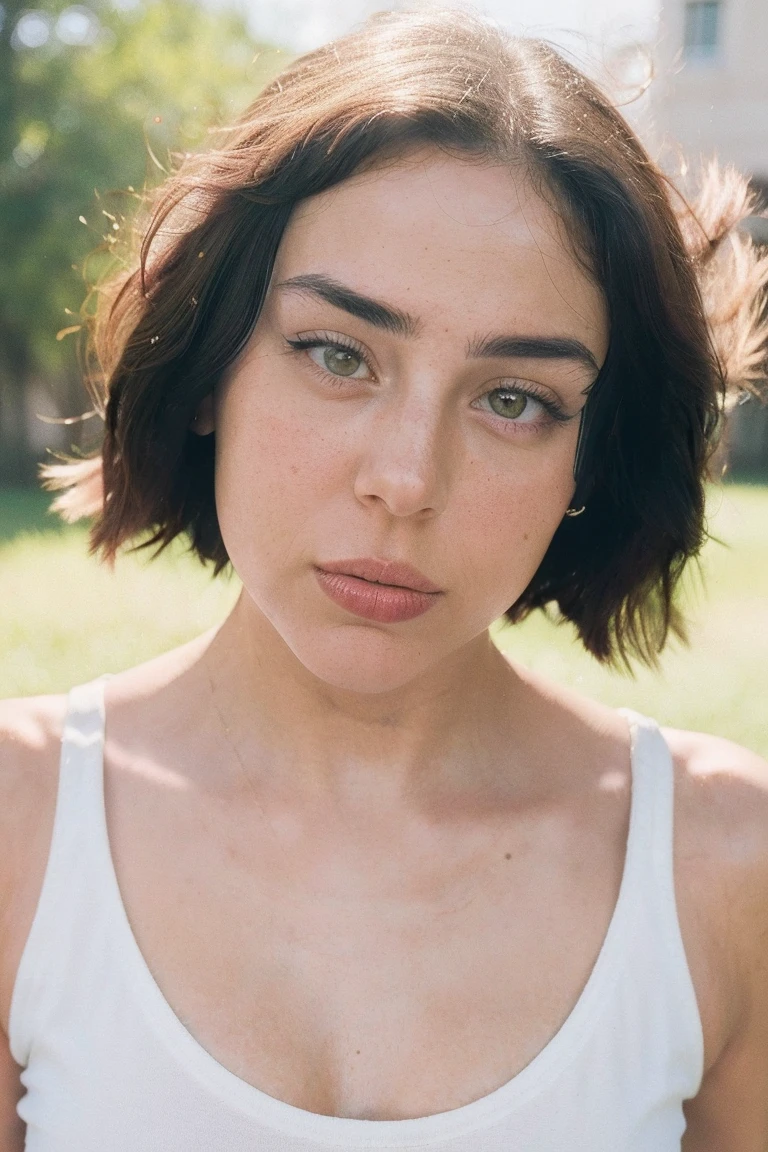 Photo of 1girl, solo, realistic (sympathetic expression), ultra textured skin, goosebumps, black hair half up, half down, white tank top with skinny jeans, group profile, perfect brown eyes, face looking straight into the camera ((hard light:1.4)), color velvia 100, shot on a Cinestill 800T, cameraman Manuela Marques