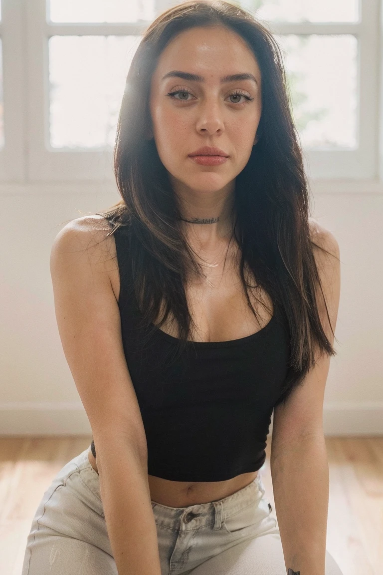 Photo of 1girl, solo, realistic (sympathetic expression), ultra textured skin, goosebumps, black hair half up, half down, white tank top with skinny jeans, group profile, perfect brown eyes, face looking straight into the camera ((hard light:1.4)), color velvia 100, shot on a Cinestill 800T, cameraman Manuela Marques