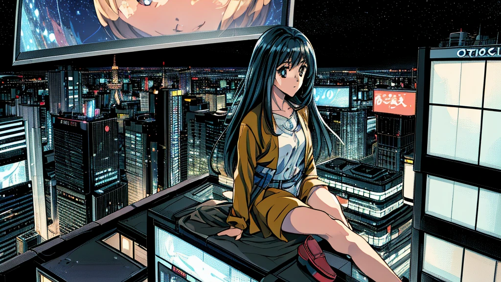 octans, sky, star (sky), scenery, starry sky, night, 1girl, night sky, solo, outdoors, building, cloud, sitting, tree, long hair, city, silhouette, cityscape,City from a distance, tokyo, city billboard, the sky,20 year old sexy girl 横が From the roof of the building Many buildings