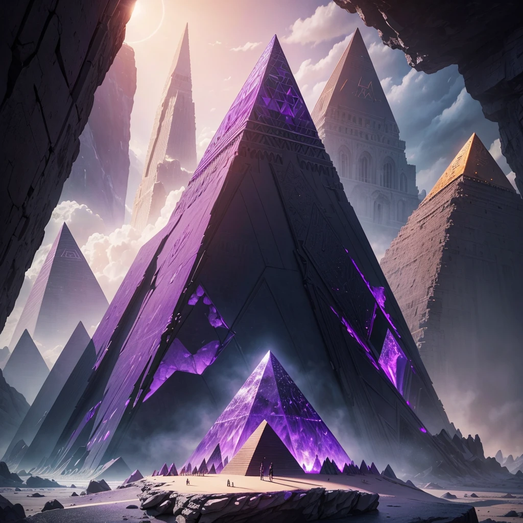 A majestic pyramid made entirely of shimmering purple crystal mineral. The pyramid's facets reflect light in various shades of purple, creating a dazzling and ethereal effect. The crystal structure is intricate and detailed, with sharp edges and a smooth, reflective surface. The background is a dramatic and mysterious landscape, enhancing the otherworldly appearance of the pyramid. The overall scene conveys a sense of grandeur and mystique, with the pyramid standing out as a breathtaking focal point.
