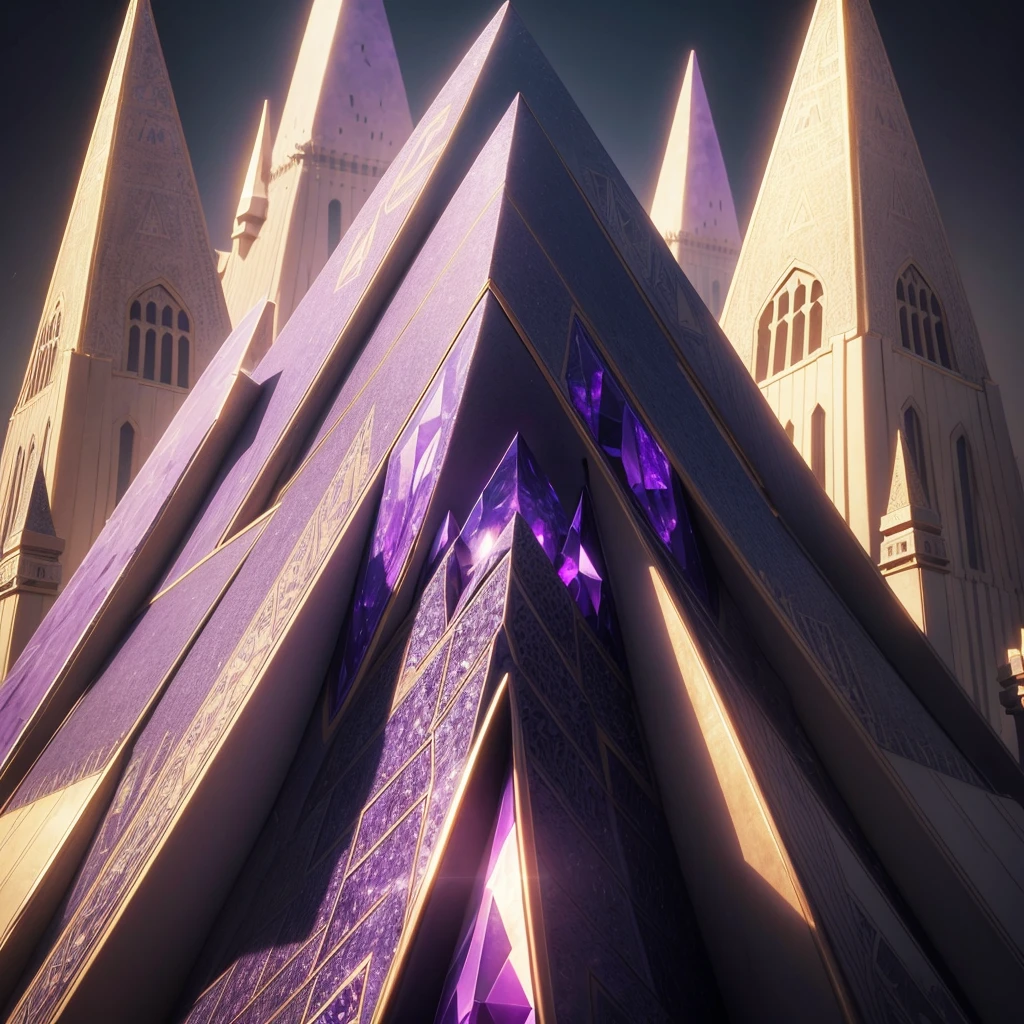A majestic pyramid made entirely of shimmering purple crystal mineral. The pyramid's facets reflect light in various shades of purple, creating a dazzling and ethereal effect. The crystal structure is intricate and detailed, with sharp edges and a smooth, reflective surface. The background is a dramatic and mysterious landscape, enhancing the otherworldly appearance of the pyramid. The overall scene conveys a sense of grandeur and mystique, with the pyramid standing out as a breathtaking focal point.
