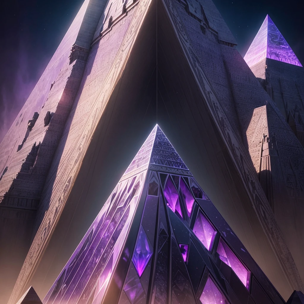 A majestic pyramid made entirely of shimmering purple crystal mineral. The pyramid's facets reflect light in various shades of purple, creating a dazzling and ethereal effect. The crystal structure is intricate and detailed, with sharp edges and a smooth, reflective surface. The background is a dramatic and mysterious landscape, enhancing the otherworldly appearance of the pyramid. The overall scene conveys a sense of grandeur and mystique, with the pyramid standing out as a breathtaking focal point.