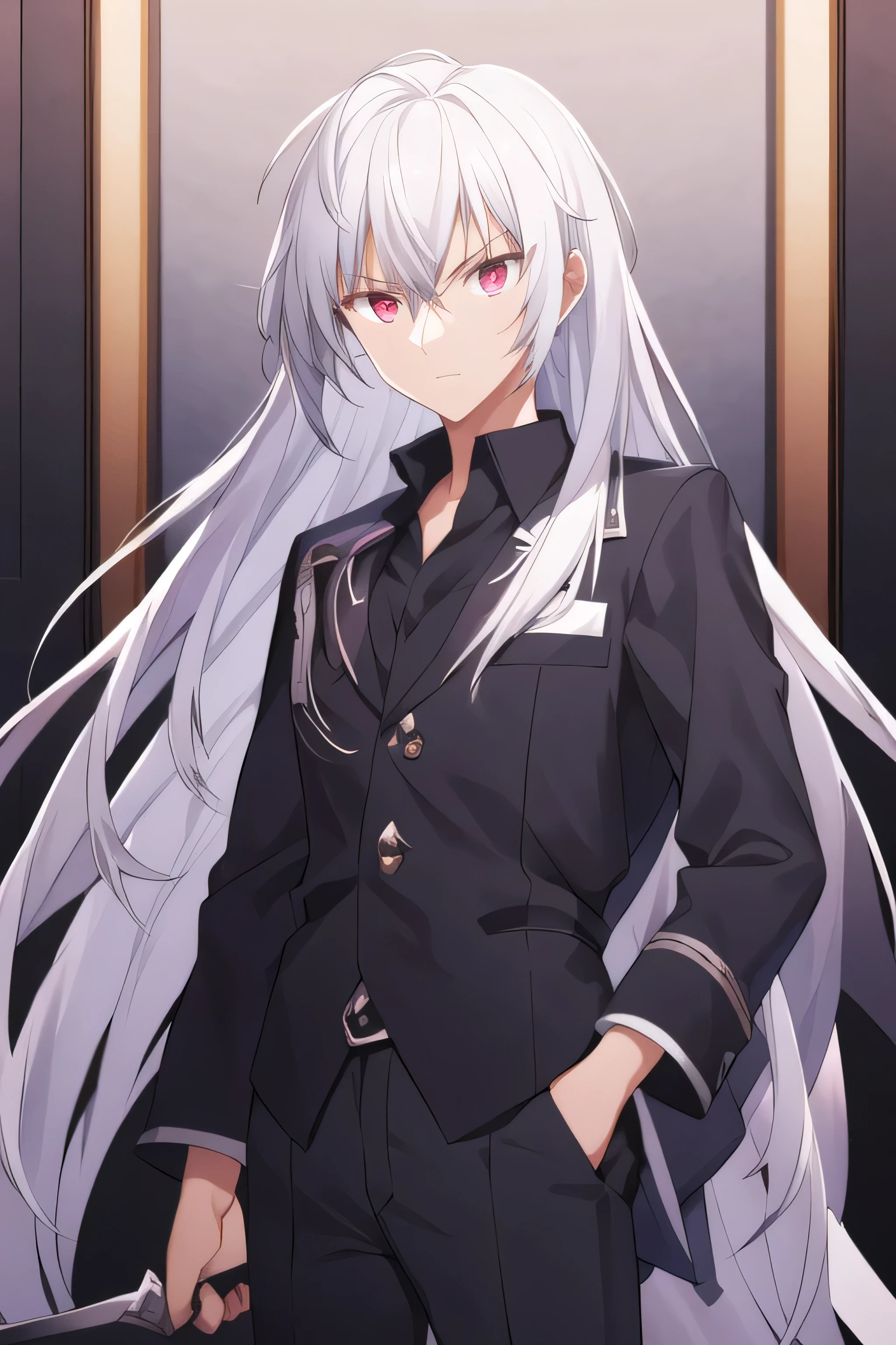 masterpiece, best quality,  solo, 1boy, right hand holding a black sword, very long hair, white hair, wearing a black school uniform, black pants,