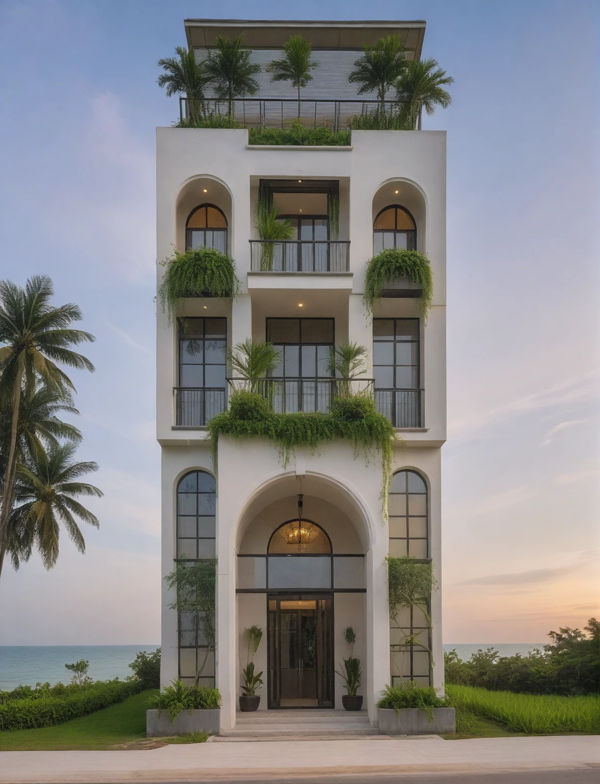 headquarter of Local caft Resort , coconut trees, greenery landscape, along the white beach, clear sky, sunrise time, warm lighting RAW Photo, RAW texture, Super Realistic, 32K UHD, DSLR, soft lighting, high quality, film rating, Fujifilm XT3 