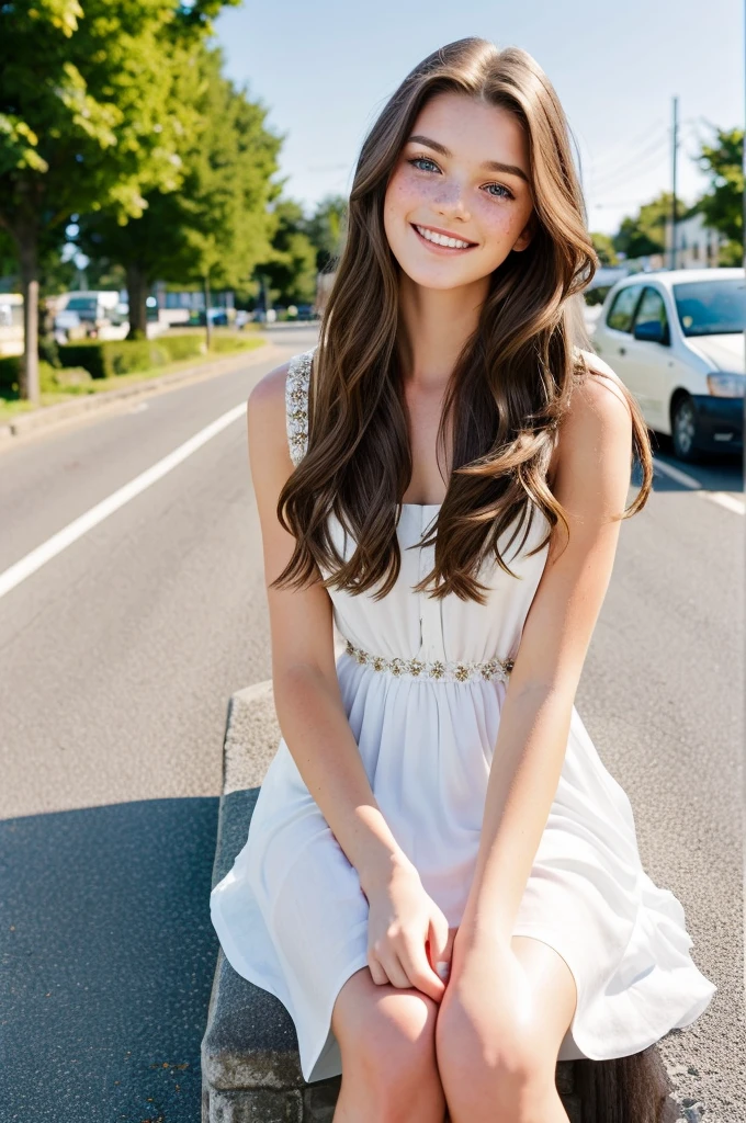A very pretty brunette 22 years old, long hairstyle, freckles, beautiful eyes, great smile, white dress, sitting in street cafe, length of field, professional photography, hasselblad quailty
