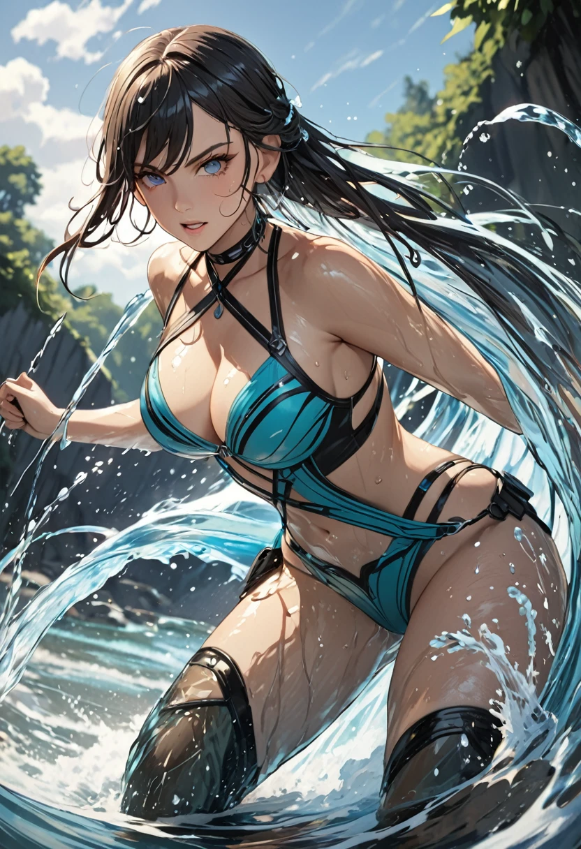 8K、full bodyesbian、Beautiful woman blushing looking at camera、Long blue hair in a ponytail、shinny skin、Water running through the skin、Very gigantic-breasts、extremely big ass、shinny skin 、Wet、Sheer mini shirt、See-through nipples、Visible cracks --auto --s2