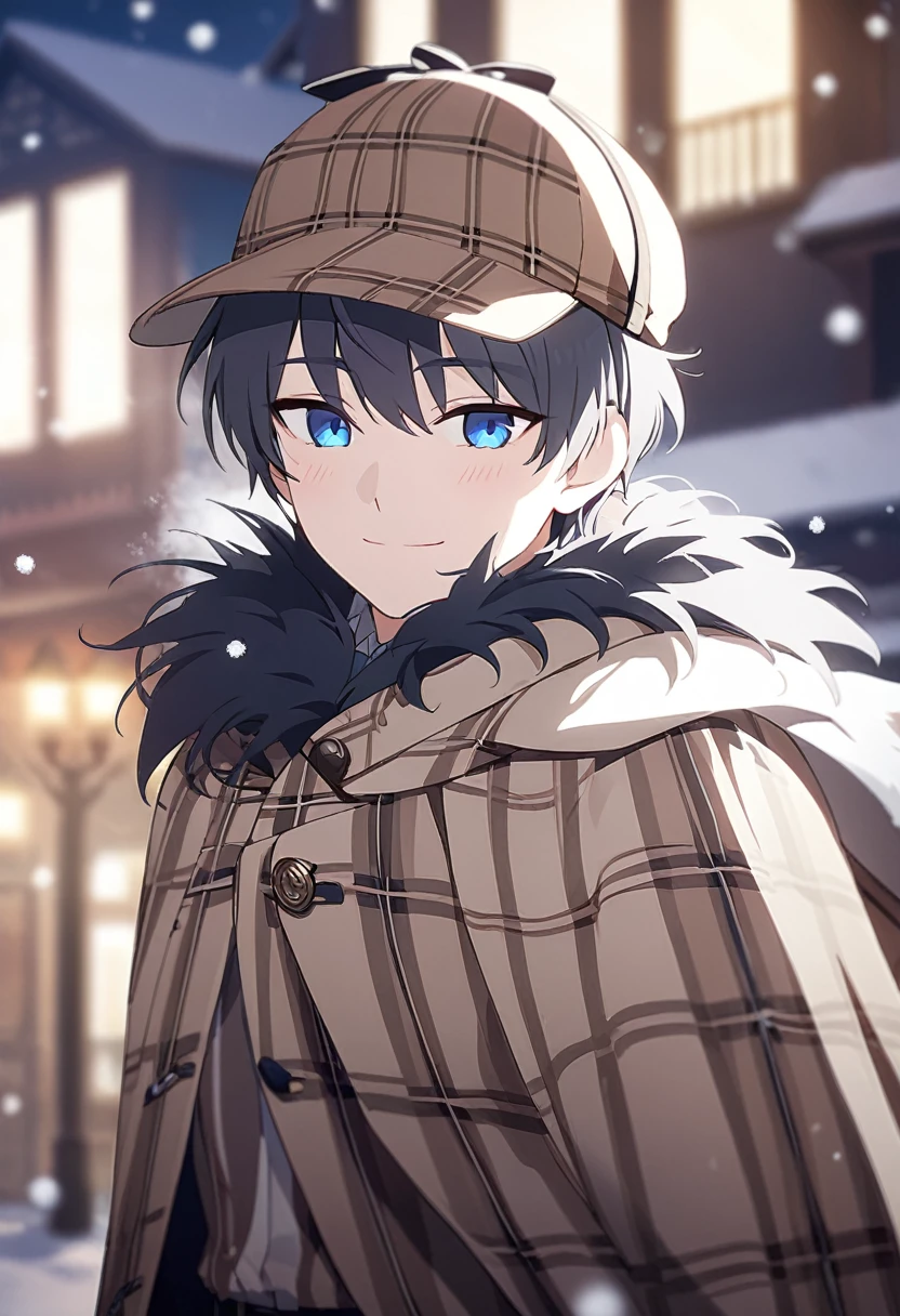 masterpiece,best quality,depth of field,8k,뷰어를 Overlooking,man,dark gray hair,blue eyes,(charismatic eyes 1:1),chic,black hair,Blue Eyes,wrote deerstalker,Light brown striped frock coat with cape,male,Overlooking,Short hair,alone,smiling,Cloak with fur on the shoulders,There is snow in the background,snowing,light blush