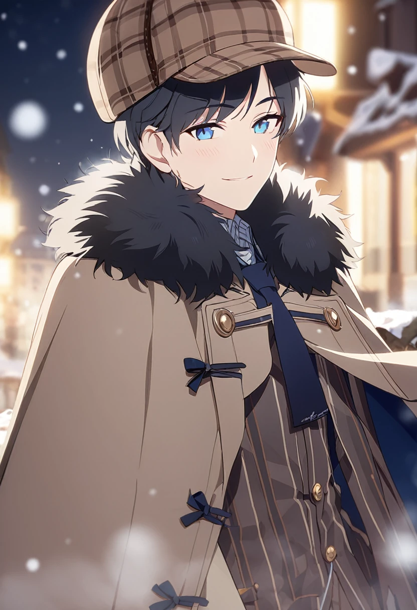 masterpiece,best quality,depth of field,8k,뷰어를 Overlooking,man,dark gray hair,blue eyes,(charismatic eyes 1:1),chic,black hair,Blue Eyes,wrote deerstalker,Light brown striped frock coat with cape,male,Overlooking,Short hair,alone,smiling,Cloak with fur on the shoulders,There is snow in the background,snowing,light blush