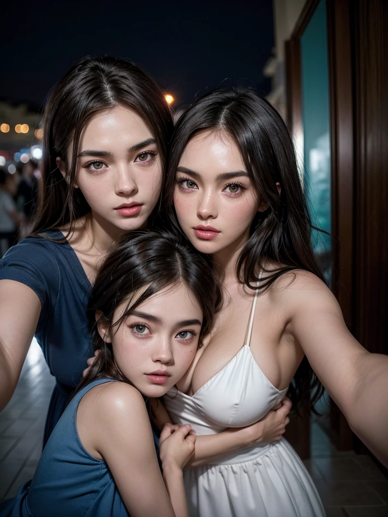 couple, 1 dark-skinned man, brown hair, cha eun woo, 1 woman with black hair, blue colored eyes, realisitic, Megan fox, elegant white dress, travel in greece, glad, Selfie, the night, high qualiy, photo hugging