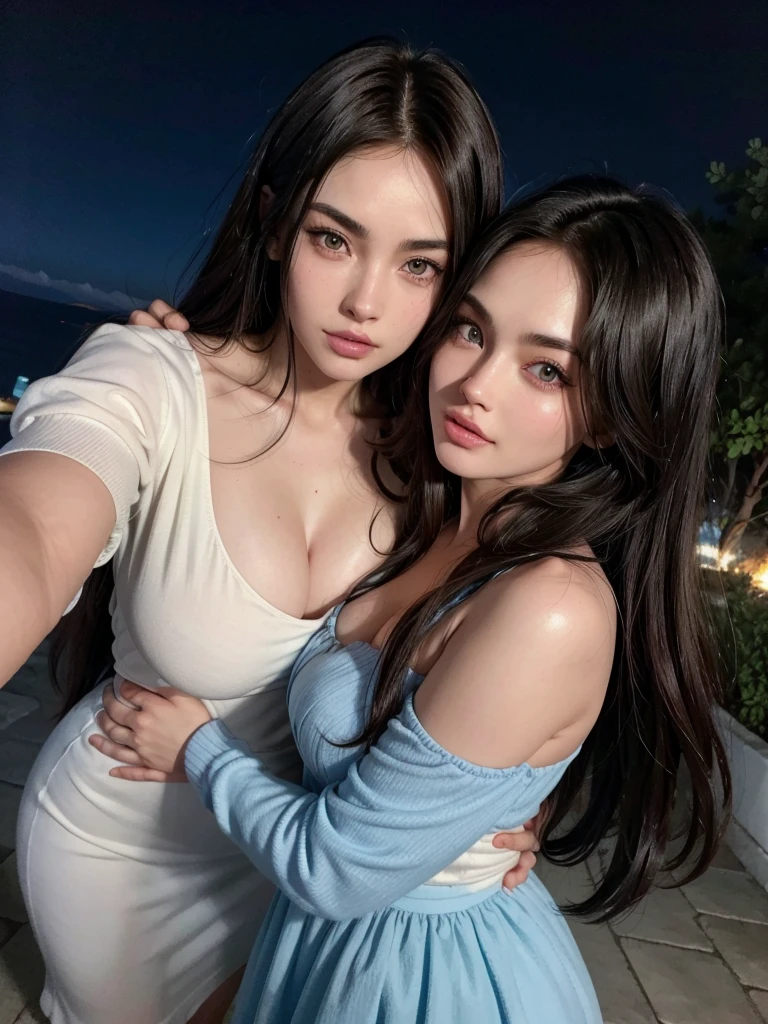 couple, 1 dark-skinned man, brown hair, cha eun woo, 1 woman with black hair, blue colored eyes, realisitic, Megan fox, elegant white dress, travel in greece, glad, Selfie, the night, high qualiy, photo hugging
