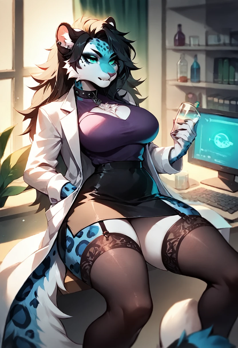 score_9, score_8_up, score_7_up, score_6_up, score_5_up, score_4_up, (solo), female anthro Snow leopard, goth, purple shirt, tight black skirt, lab coat, withe garter belt tights, lusty, fluffy body, long  fluffy black hair, turquoise eyes, sitting, (thick thighs:1.3) (she is standing)