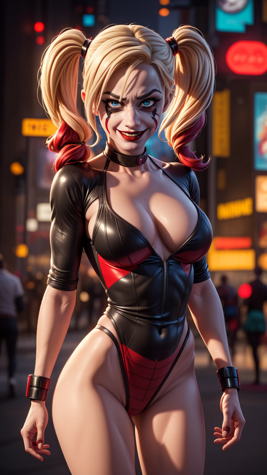 newyork, time Square, Harley Quinn, also known as Harley Quinn, is an iconic DC Comikes character. She is a former psychiatrist named Harleen Quinzel, who became a criminal in love with the Joker. With his eccentric gaze, that mixes vibrant colors and a manic smile, Harley Quinn is known for her chaotic humor and unpredictable personality. She's an anti-hero, often fighting alongside villains, but also occasionally redeeming himself and collaborating with heroes. His tumultuous relationship with the Joker is a fundamental part of his story, while her intelligence and combat skills make her a fascinating and complex character in the DC universe, (slenderbody:1.5), (Minimal clothing:1.5), (breasts big: 1.5), (hanging breasts: 1.5), (disproportionate breasts: 1.4), (真实感:1.4), (realisitic:1.4), (absurdrez:1.4), 8k, ultra details, detailed gorgeous face,(just:1.4) , 1 girl, (frontal viewer:1.2), Intricate Body Details, (curved:1.3),( mike:1.3)