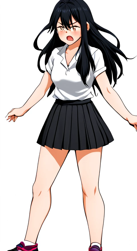 fmeboy, embarrased, buldhe straining against skirt, black long hair.