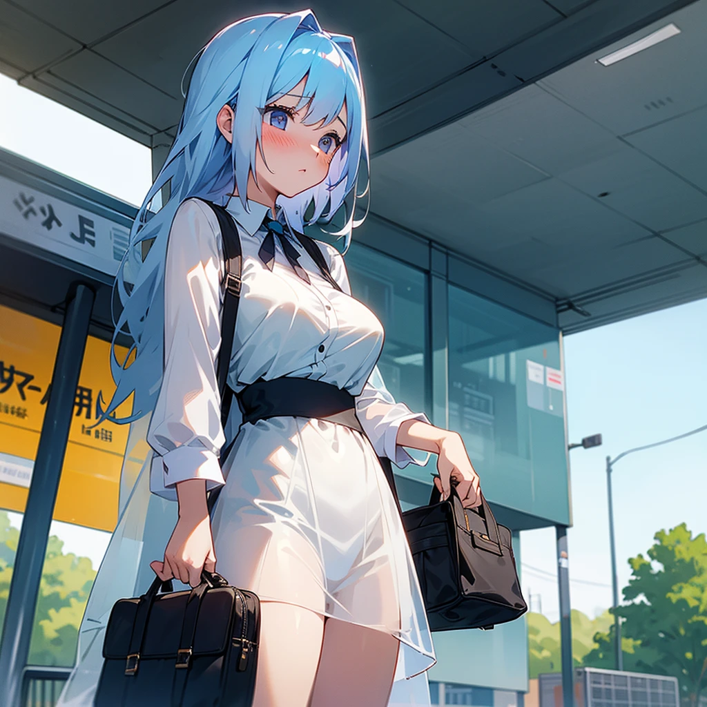 A girl waiting for the bus stop in an almost transparent dress with big breasts and blushing