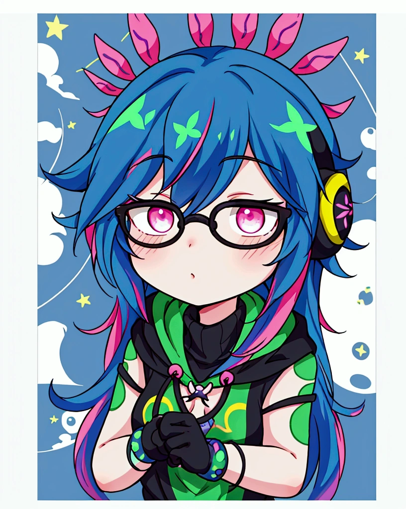 Neeko ((highest quality)), ((masterpiece)), (be familiar with), perfect face,white half-up hair,green mesh hair,Pink eyes,round glasses,cool black hoodie,headphones,black gloves,turtleneck,alone,icon