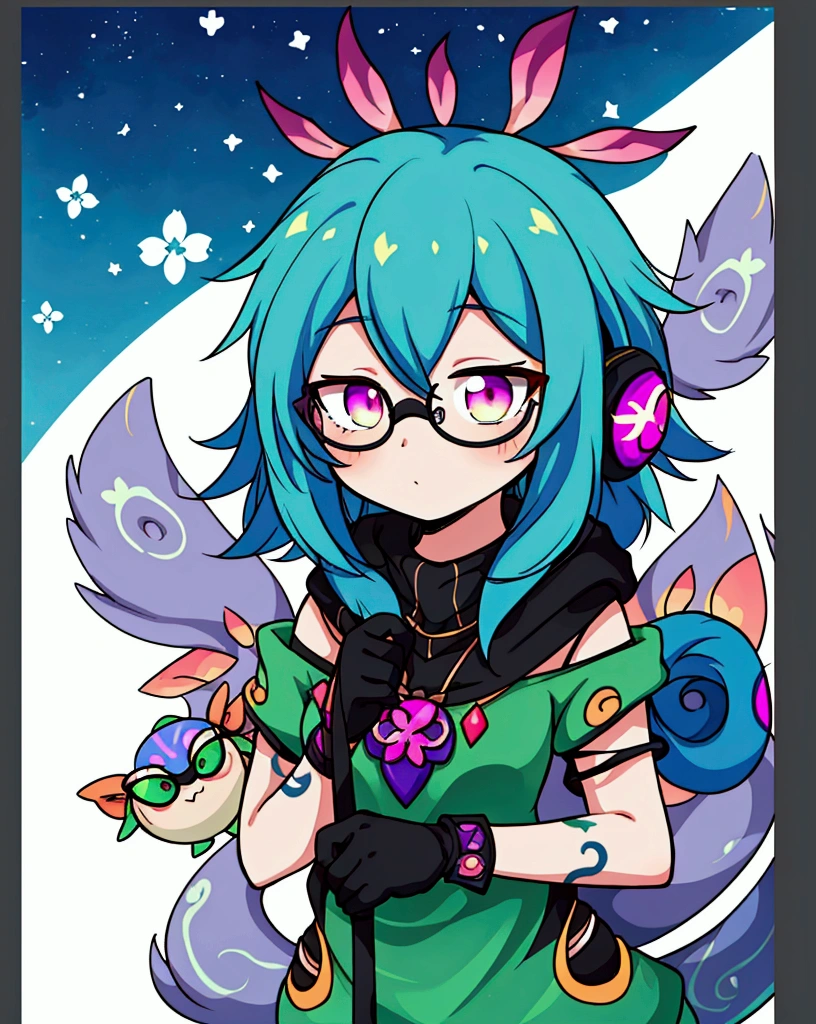 Neeko ((highest quality)), ((masterpiece)), (be familiar with), perfect face,white half-up hair,green mesh hair,Pink eyes,round glasses,cool black hoodie,headphones,black gloves,turtleneck,alone,icon