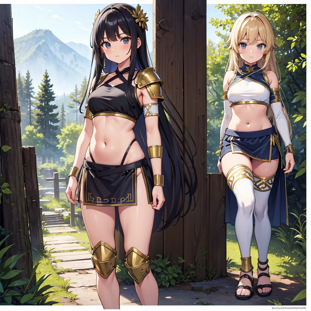 young greek warriors girls in togas , only girls , forest in the background , sandals , forest in the background , light armor , elbow pads, knee pads, shoulder pads, black armor , sandals , sexy, exposed belly, muscular girl, defined abdomen,stomach, multiple girls, looking at viewer , long hair, bare shoulders, outdoors, sandals