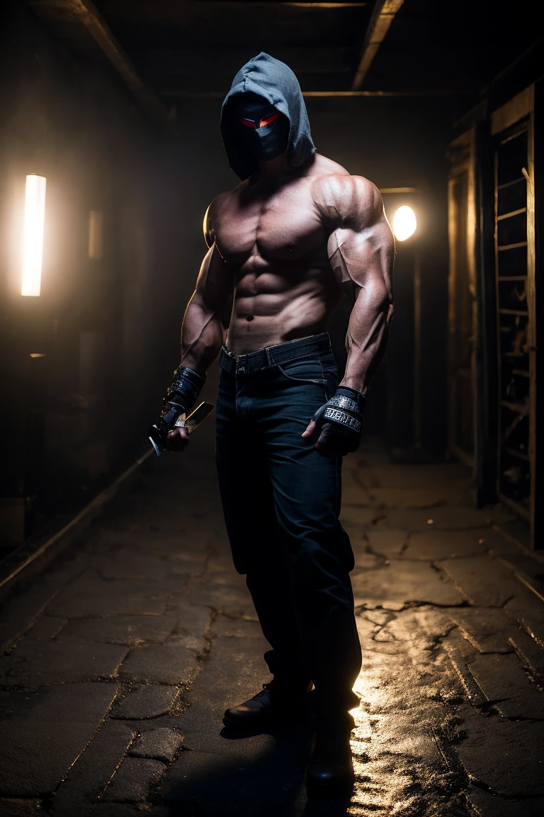 a muscular shirtless masked man standing in a dark room at night, holding a knife, hyperrealistic, highly detailed, dramatic lighting, cinematic composition, moody atmosphere, 8k, unreal engine, award winning photography