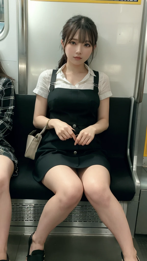 smile,one japanese woman,(masterpiece, Highest quality, 8K, RAW Photos, beautifully、aesthetic:1.2),  Intricate details, indirect lighting, Realistic,
whole body, Sitting on a chair on the train、Staring at the viewers、Voyeur、
 Square neck button-down linen sundress, 
 Training women , Chair to sit under skirt,