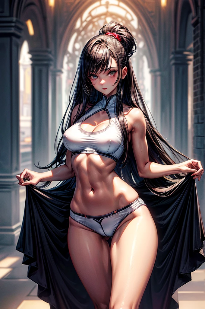 ((highest quality)),(ultra high resolution),(Super detailed), (best work of art), (1 young girl:1.5), beautiful and well-shaped face:1.5,(Beautiful skin with precise and detailed depiction:1.6),(sports bra and waist band hotpants shorts ),gorgeous, masterpiece, best quality, high-resolution, finely detailed, extremely detailed and beautiful, distinct-image, hourglass figure. 1 girl, 18 year old teenager, solo, sharp facial features, oval shaped face. cherry red lips, lightly tanned white skin. velvet-colored eyes, C-cup breasts, tall height(175cm), slim thick yet chiseled body type, flowing waist length dark violet-black hair, small narrow waist, long and slender legs, curvy wide hips, elegant gothic courtyard setting