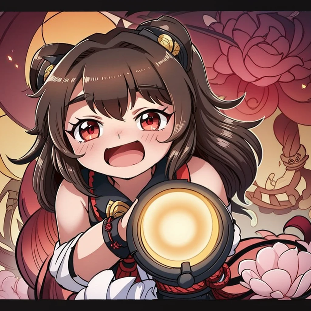 {
"prompt": "A cute chibi-style character from Genshin Impact, Hu Tao, with long brown hair, wearing a black traditional outfit with red accents, and a black hat with a talisman. She has red eyes with flower patterns in them and is holding a lantern. The character is facing forward, with a cheerful expression and flowers in her hair. The background is light and pastel-colored, giving a bright and cheerful atmosphere.",
"size": "1024x1792"
}