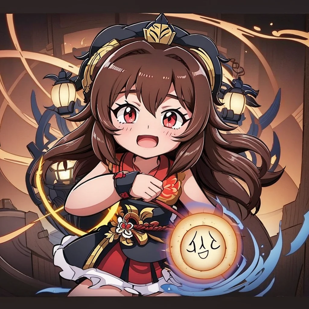{
  "prompt": "A cute chibi-style character from Genshin Impact, Hu Tao, with long brown hair, wearing a black traditional outfit with red accents, and a black hat with a talisman. She has red eyes with flower patterns in them and is holding a lantern. The character is facing forward, with a cheerful expression and flowers in her hair. The background is light and pastel-colored, giving a bright and cheerful atmosphere.",
  "size": "1024x1792"
}
