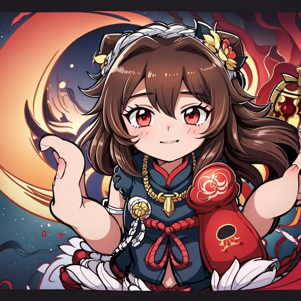 {
"prompt": "A cute chibi-style character from Genshin Impact, Hu Tao, with long brown hair, wearing a black traditional outfit with red accents, and a black hat with a talisman. She has red eyes with flower patterns in them and is holding a lantern. The character is facing forward, with a cheerful expression and flowers in her hair. The background is light and pastel-colored, giving a bright and cheerful atmosphere.",
"size": "1024x1792"
}