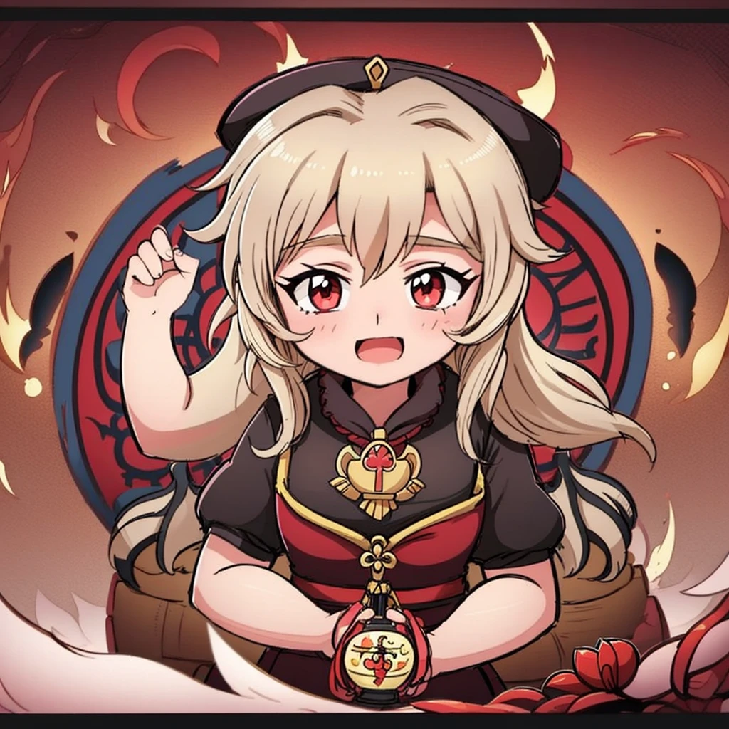 {
"prompt": "A cute chibi-style character from Genshin Impact, Hu Tao, with long brown hair, wearing a black traditional outfit with red accents, and a black hat with a talisman. She has red eyes with flower patterns in them and is holding a lantern. The character is facing forward, with a cheerful expression and flowers in her hair. The background is light and pastel-colored, giving a bright and cheerful atmosphere.",
"size": "1024x1792"
}