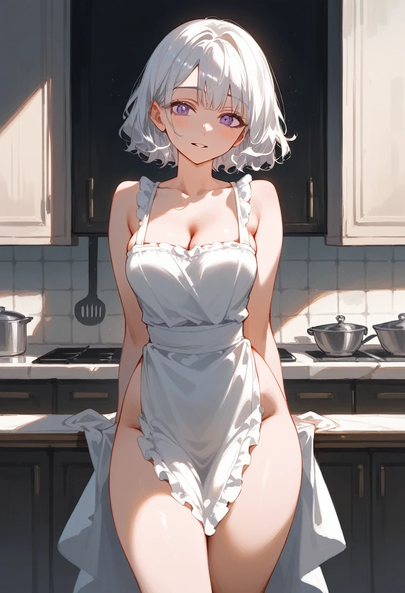 solo, best quality, masterpiece, portrait, solo, sharp focus, tamamo no mae, (naked apron), white hair, yellow eyes, victorian kitchen, looking at viewer, smug look, back leaning on table