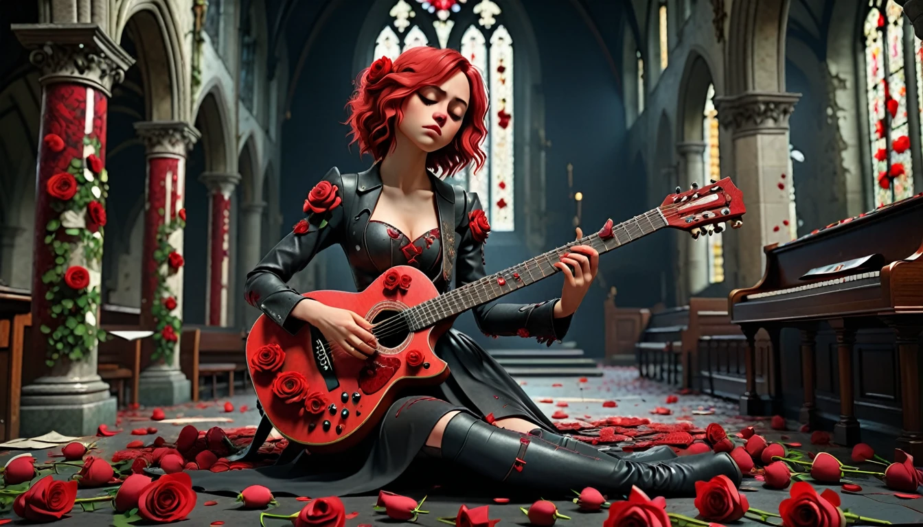 ((1 guitar)), ((as feminine form)), ((all the details)), ((best qualityer)), ((8k)), a guitar covered in red roses, mixed with big pimples, all the details , gloomy background of an abandoned church, futuristic style.