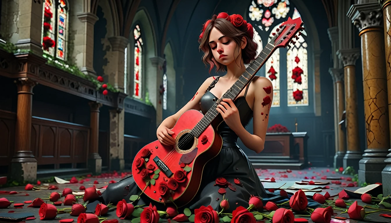 ((1 guitar)), ((as feminine form)), ((all the details)), ((best qualityer)), ((8k)), a guitar covered in red roses, mixed with big pimples, all the details , gloomy background of an abandoned church, futuristic style.