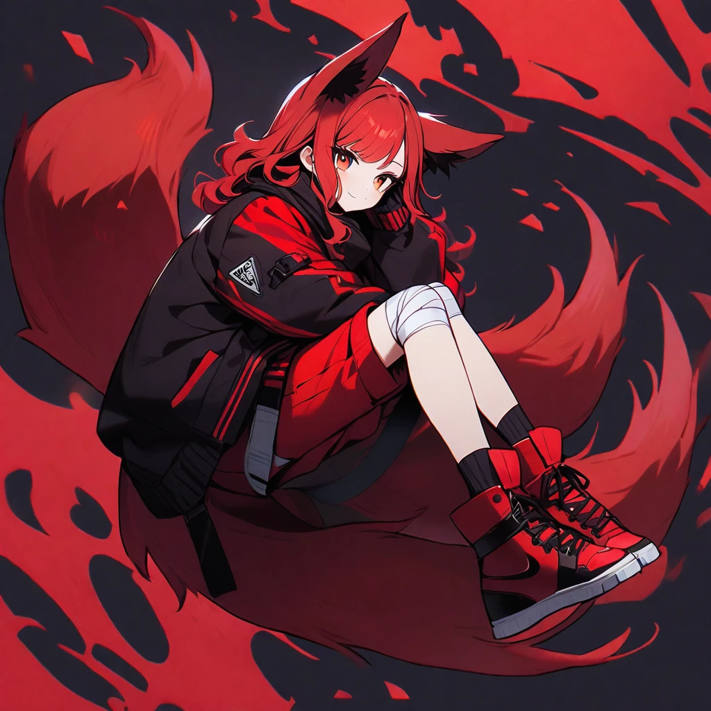 (well done:1) woman, short red, slightly wavy hair, red fox ears and tail, bulky red winter jacket with black details, white shirt, white shorts, bandage on the knee, red sneakers.