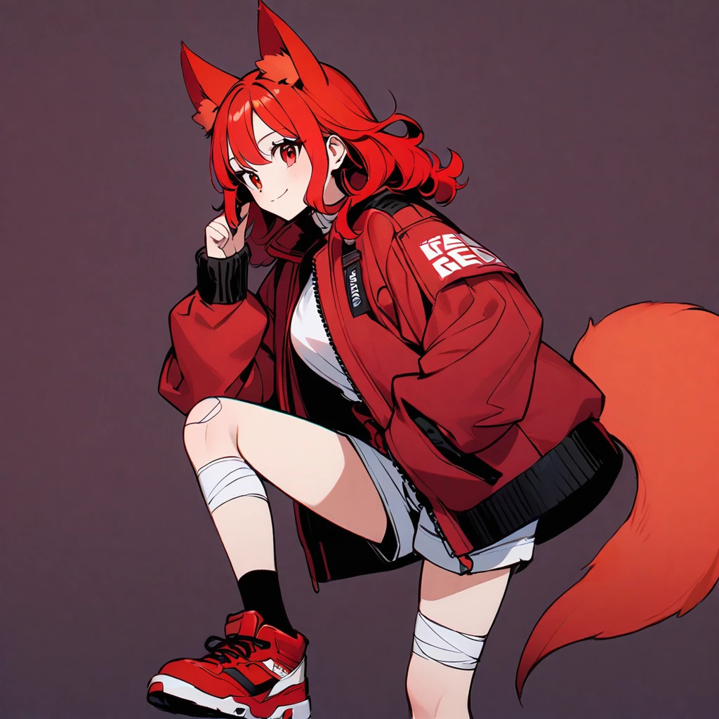 (well done:1) woman, short red, slightly wavy hair, red fox ears and tail, bulky red winter jacket with black details, white shirt, white shorts, bandage on the knee, red sneakers.
