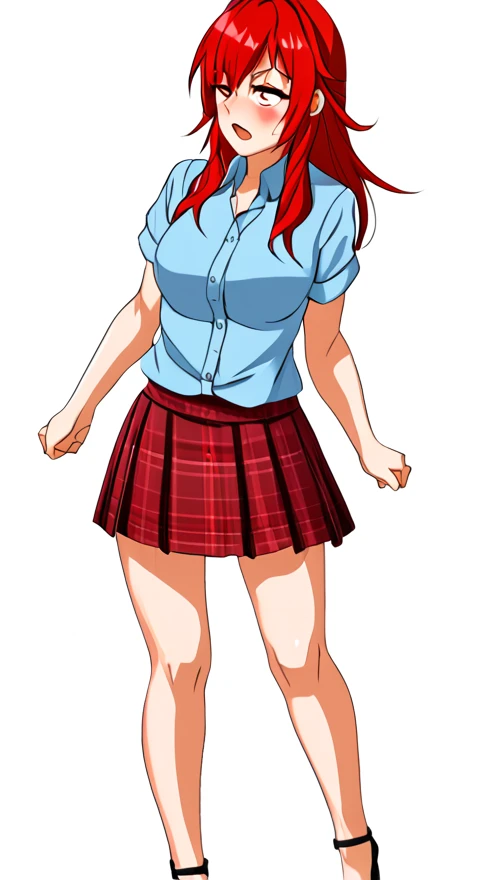  femboy, embarrased, buldge straining against skirt, red long hair.