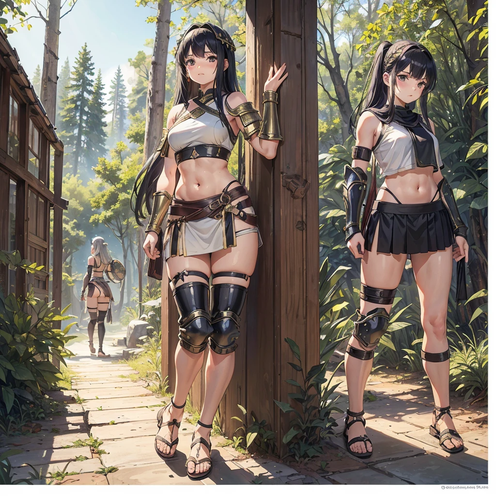 young greek warriors girls in togas , only girls , forest in the background , sandals , forest in the background , light armor , elbow pads, knee pads, shoulder pads, black armor , sandals , sexy, exposed belly, muscular girl, defined abdomen,stomach, multiple girls, looking at viewer , long hair, bare shoulders, outdoors, sandals